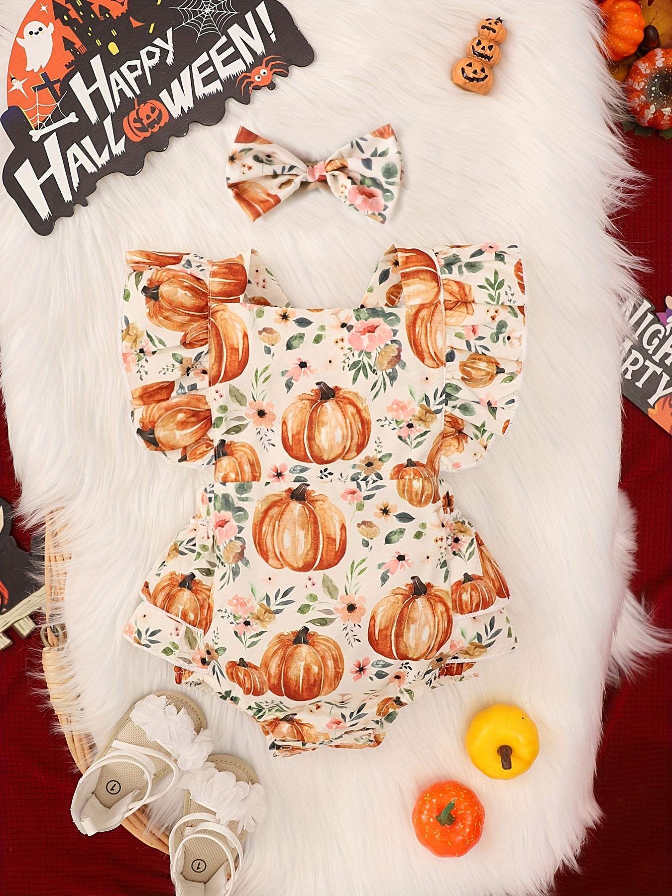 Baby Girls Halloween Pumpkin Print Bodysuit & Headwear Set