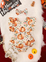 Baby Girls Halloween Pumpkin Print Bodysuit & Headwear Set