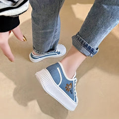 Women's Bear Pattern Platform Canvas Sneakers Soft Sole Skate Shoes