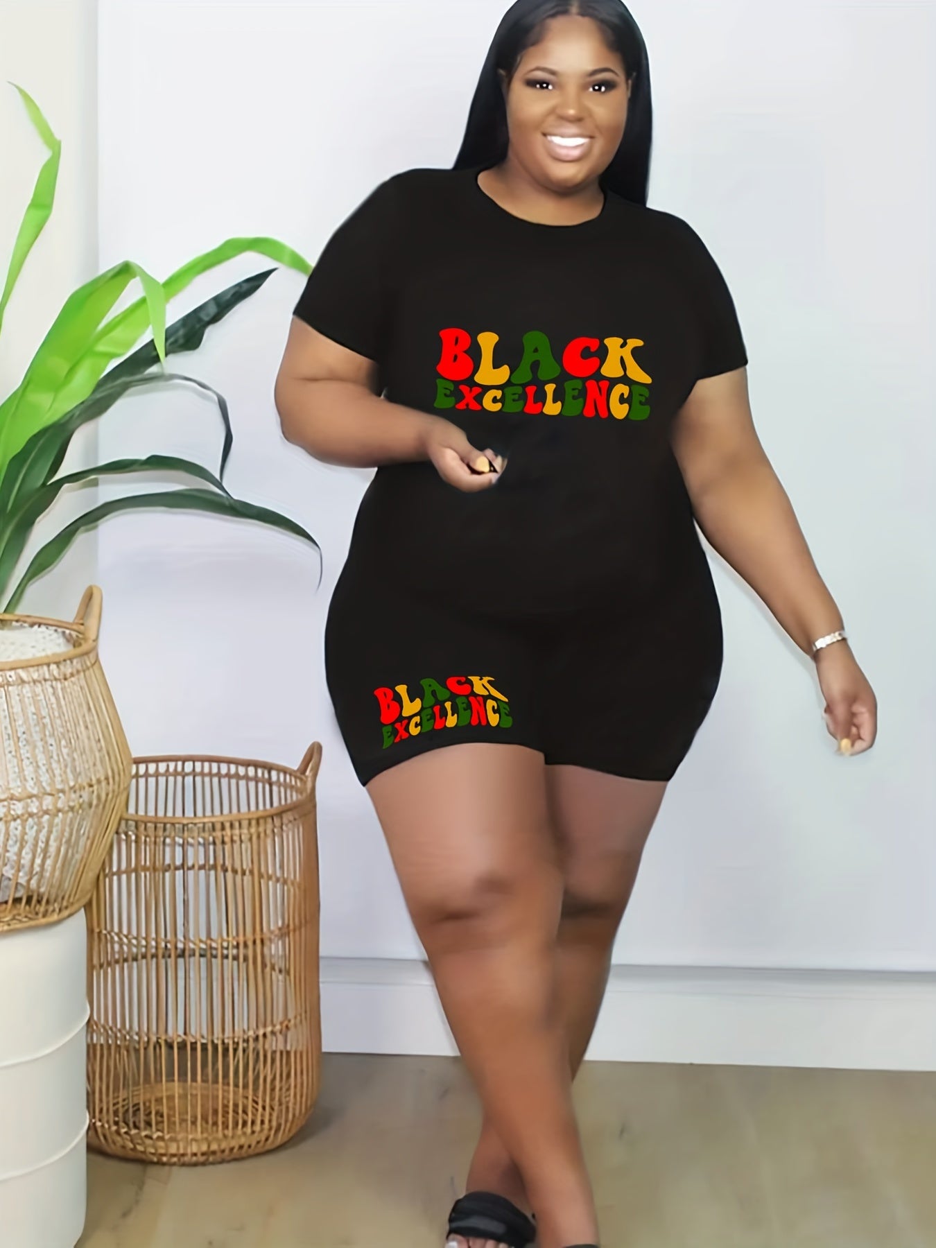 Casual Outfits Two Piece Set Women's Plus Letter Print Short Sleeve