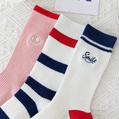 3 Pairs Striped Socks, Smiling Print, Comfy & Breathable, Mid Tube Stockings