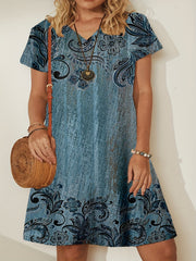 Floral Print Short Sleeve V Neck Dress