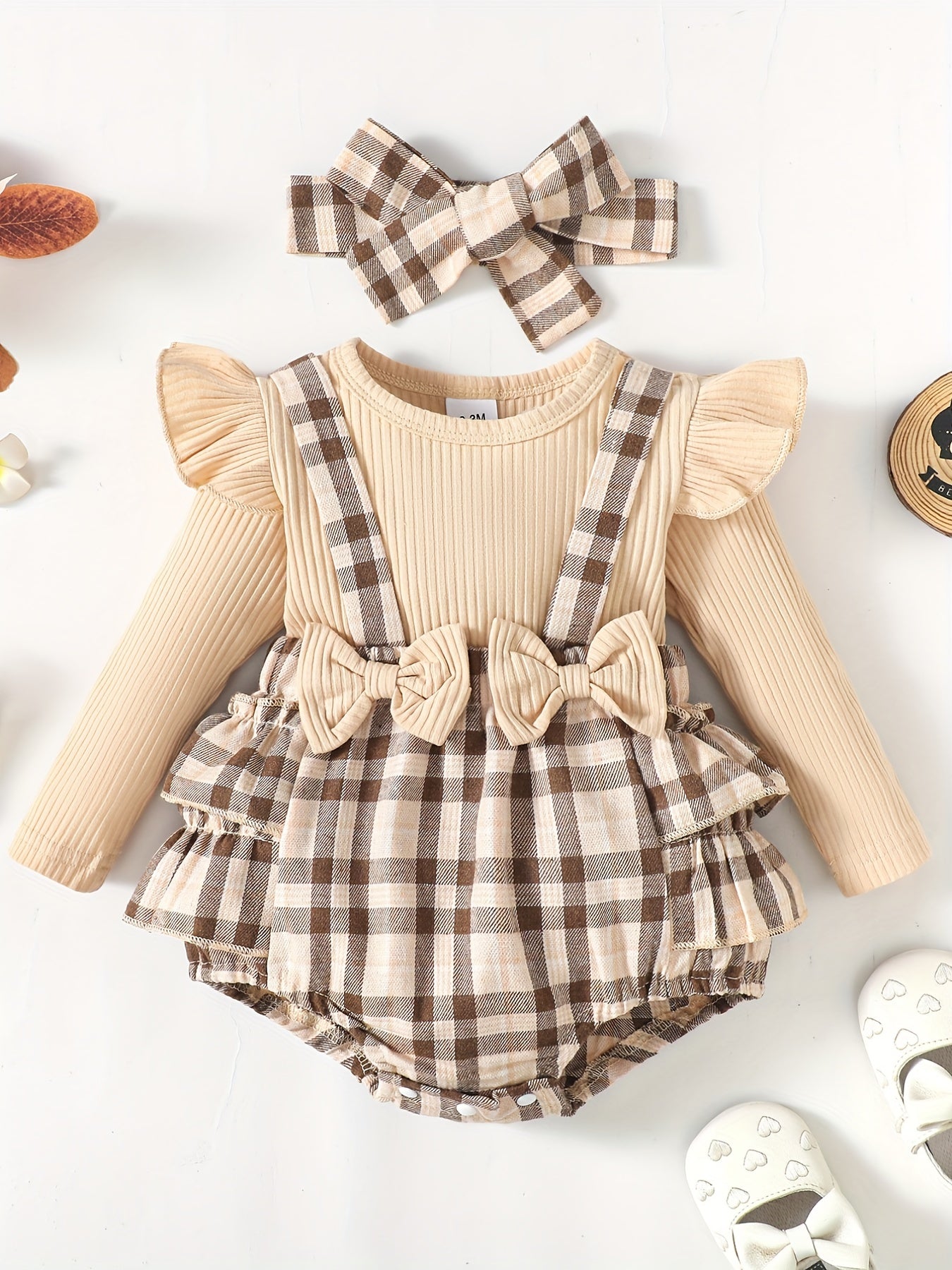 Baby Girls Bow Plaid Long Sleeve Cotton Creeper Romper