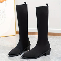 Women's Chunky Heel Long Boots Comfortable Slip On Shoes
