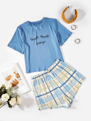 Letter Print Short Sleeve Tops & Plaid Shorts Set Women's Sleepwear & Loungewear