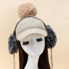 Beige Pompom Baseball Cap Winter Knit Hat With Earmuffs