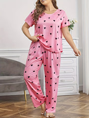 Heart Print Tee & Pants Loungewear Set Women's Two Piece Set