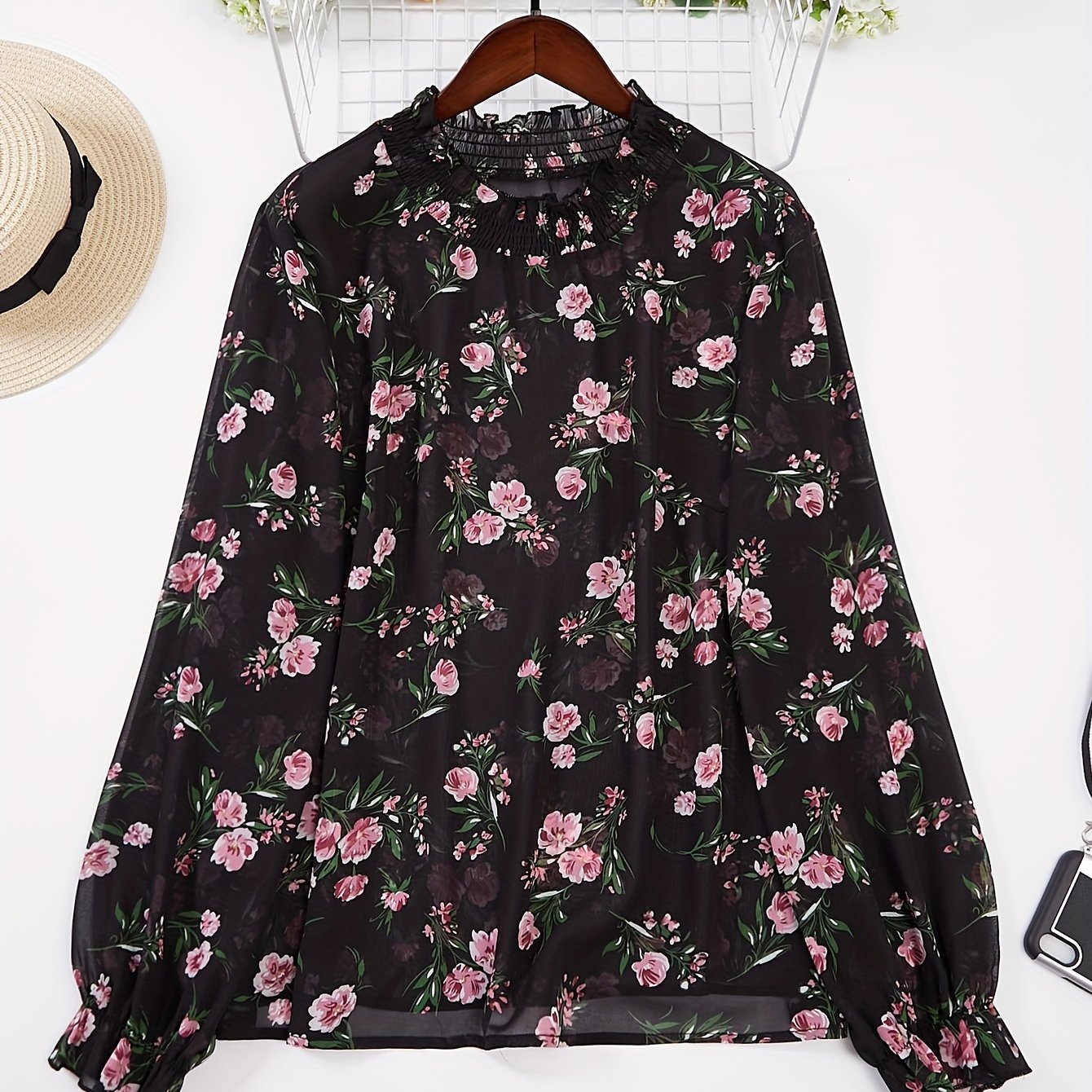 Floral Print Flounce Sleeve Ruffle Trim Mock Neck Shirt Top