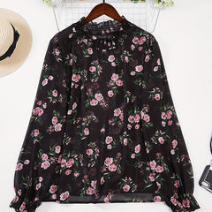 Floral Print Flounce Sleeve Ruffle Trim Mock Neck Shirt Top