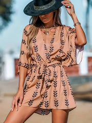 Geo Print Tie Waist Romper Short Sleeve Jumpsuit