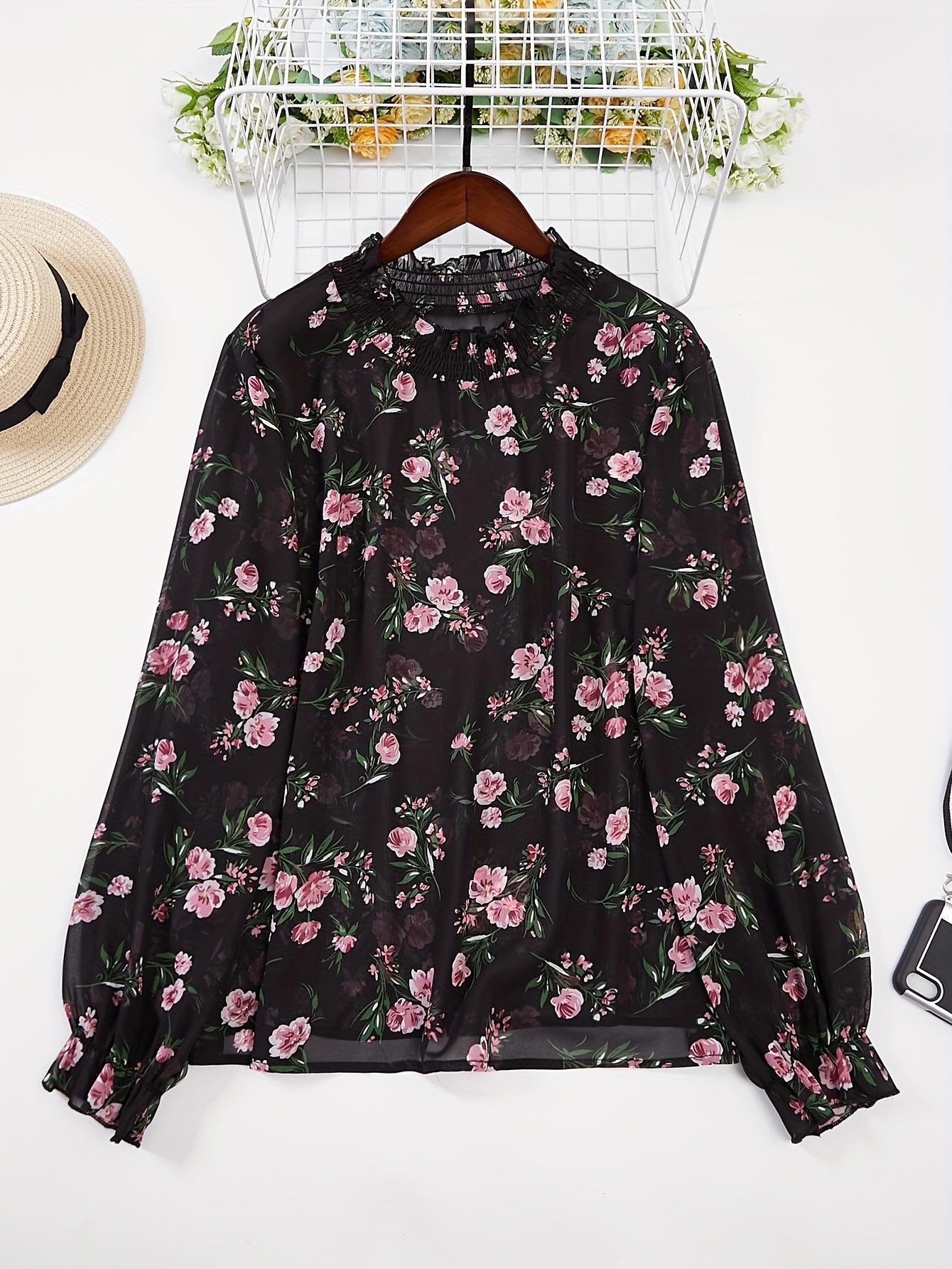 Floral Print Flounce Sleeve Ruffle Trim Mock Neck Shirt Top