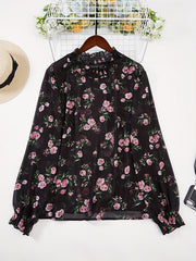 Floral Print Flounce Sleeve Ruffle Trim Mock Neck Shirt Top