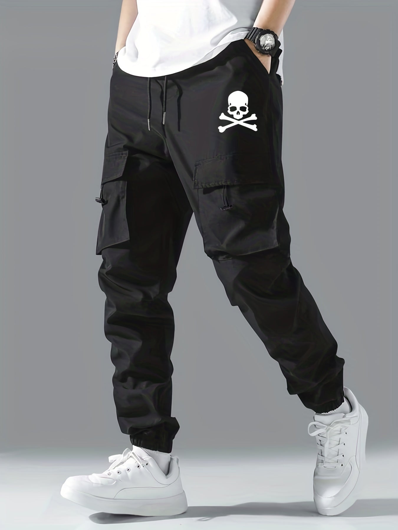 Skull Print Cargo Pants Men's Flap Pocket Trousers