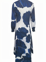 Casual Dress Women's Plus Leaf Print Button Up Lantern Sleeve