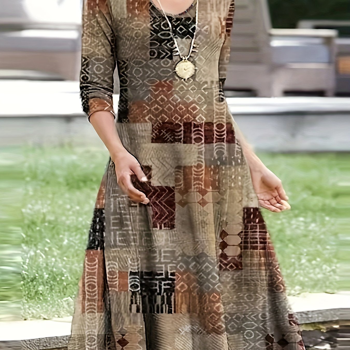 Geo Print Maxi Dress Long Sleeve V Neck Retro Style
