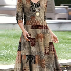 Geo Print Maxi Dress Long Sleeve V Neck Retro Style