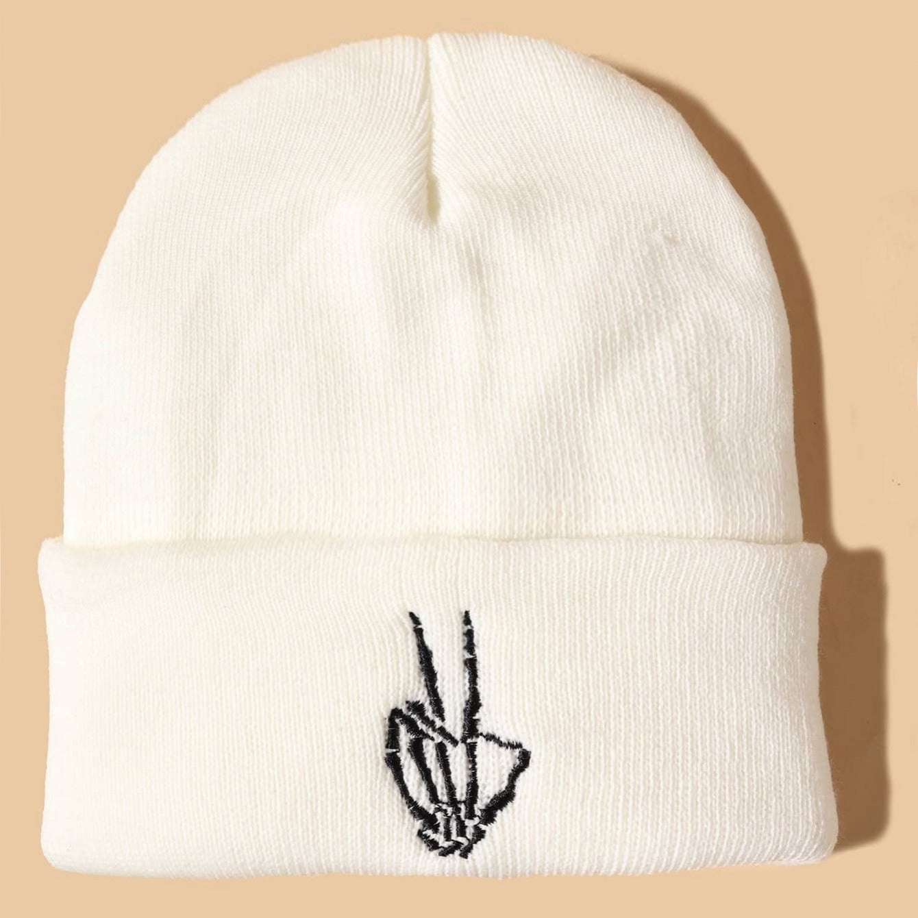 Men's Victory Sign Skull Knit Beanie Hat