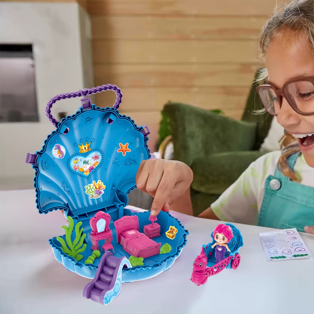 Magical Mermaid Shell Set for Girls with Doll & Seahorse Carriage