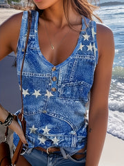 Print V Neck Tank Top Casual Button Front Tank Top For Summer
