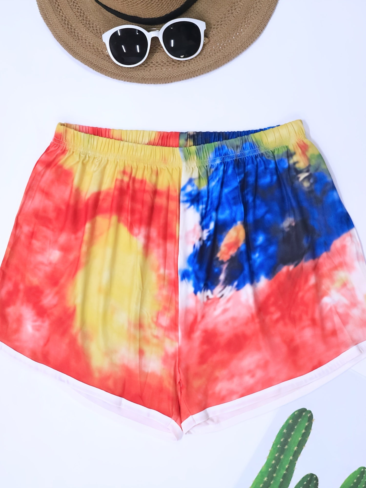 Tie Dye Print High Rise Shorts Women's Plus Slight Stretch Loose Fit