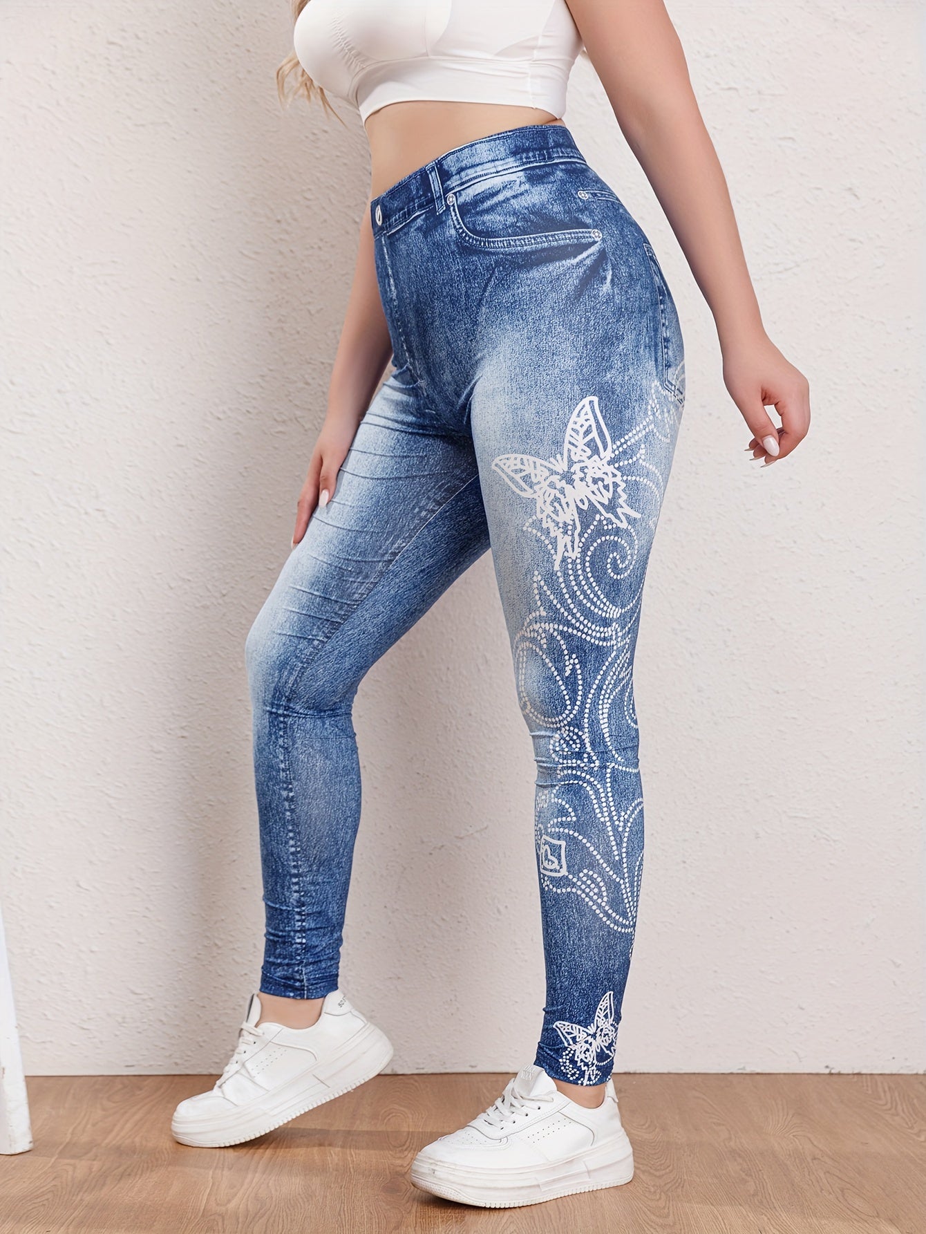 Casual Butterfly & Denim Print High Rise Leggings