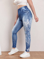 Casual Butterfly & Denim Print High Rise Leggings