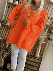 Casual Sweater Women's Solid Knitted Long Sleeve V Neck Pullover