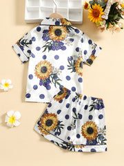 Girls Sunflower Print Top & Short Pants Loungewear Set
