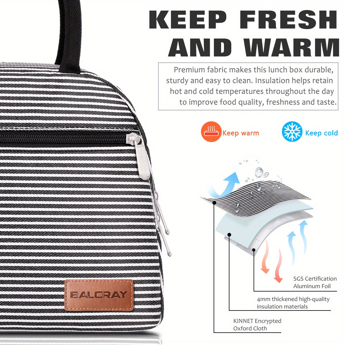 BALORAY Insulated Lunch Bag Leopard Print Striped Pearl Aluminum Foil