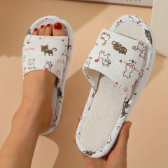 Cat Print Flat Slippers Open Toe Lightweight Casual Slides Shoes