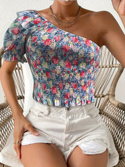 Floral Print Shirred One Shoulder Lantern Sleeve Blouse