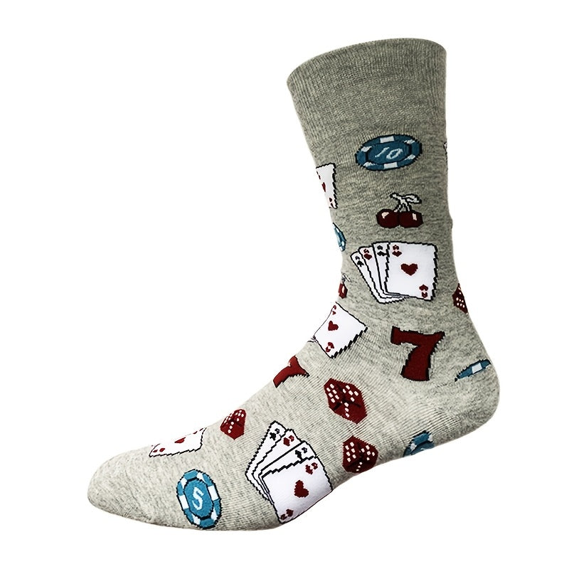 Men's Mid calf Cotton Socks Poker Pattern Gray Sports And Leisure Socks