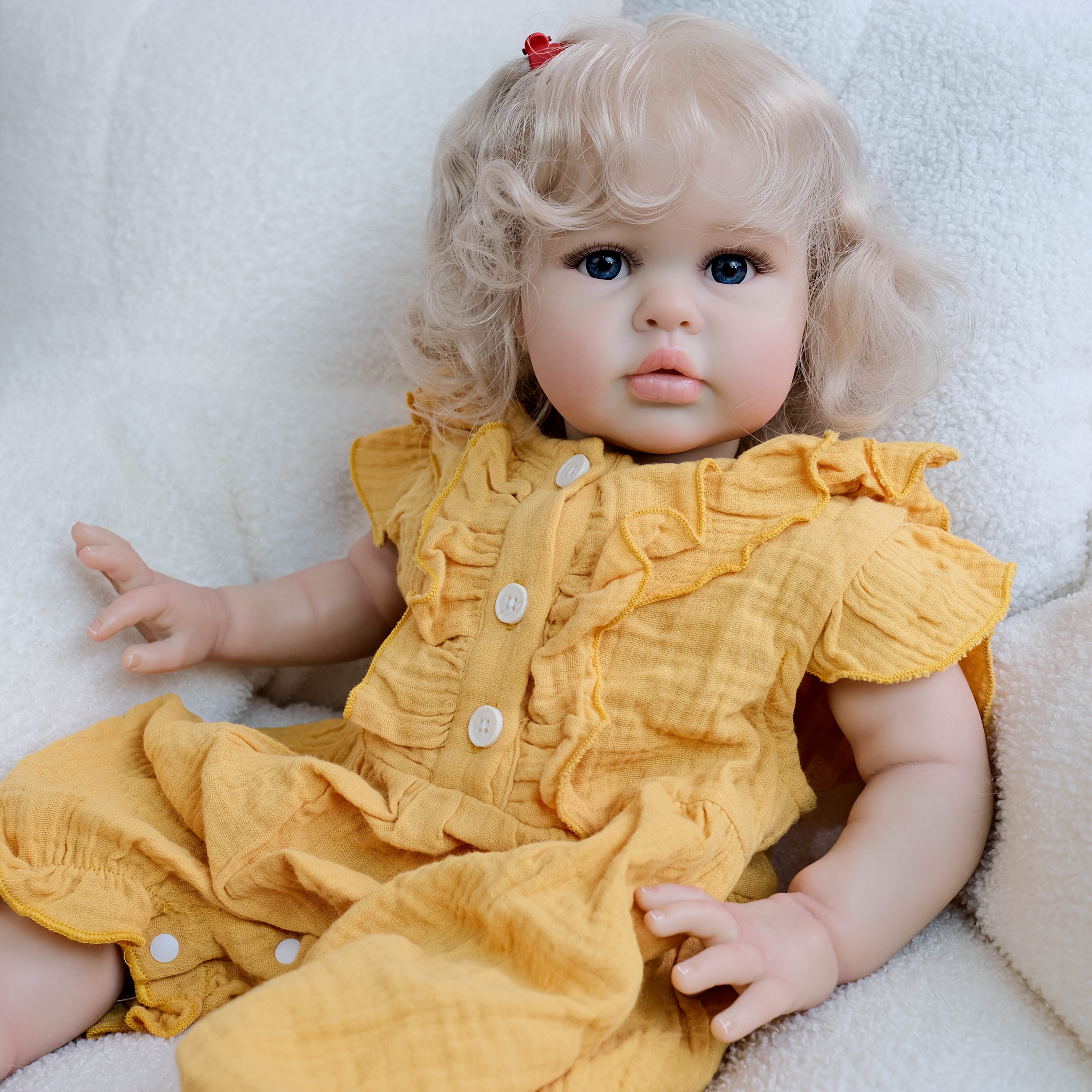 Realistic Reborn Doll Soft Touch Cuddly Girl with Curly Blonde Hair Yellow Dress