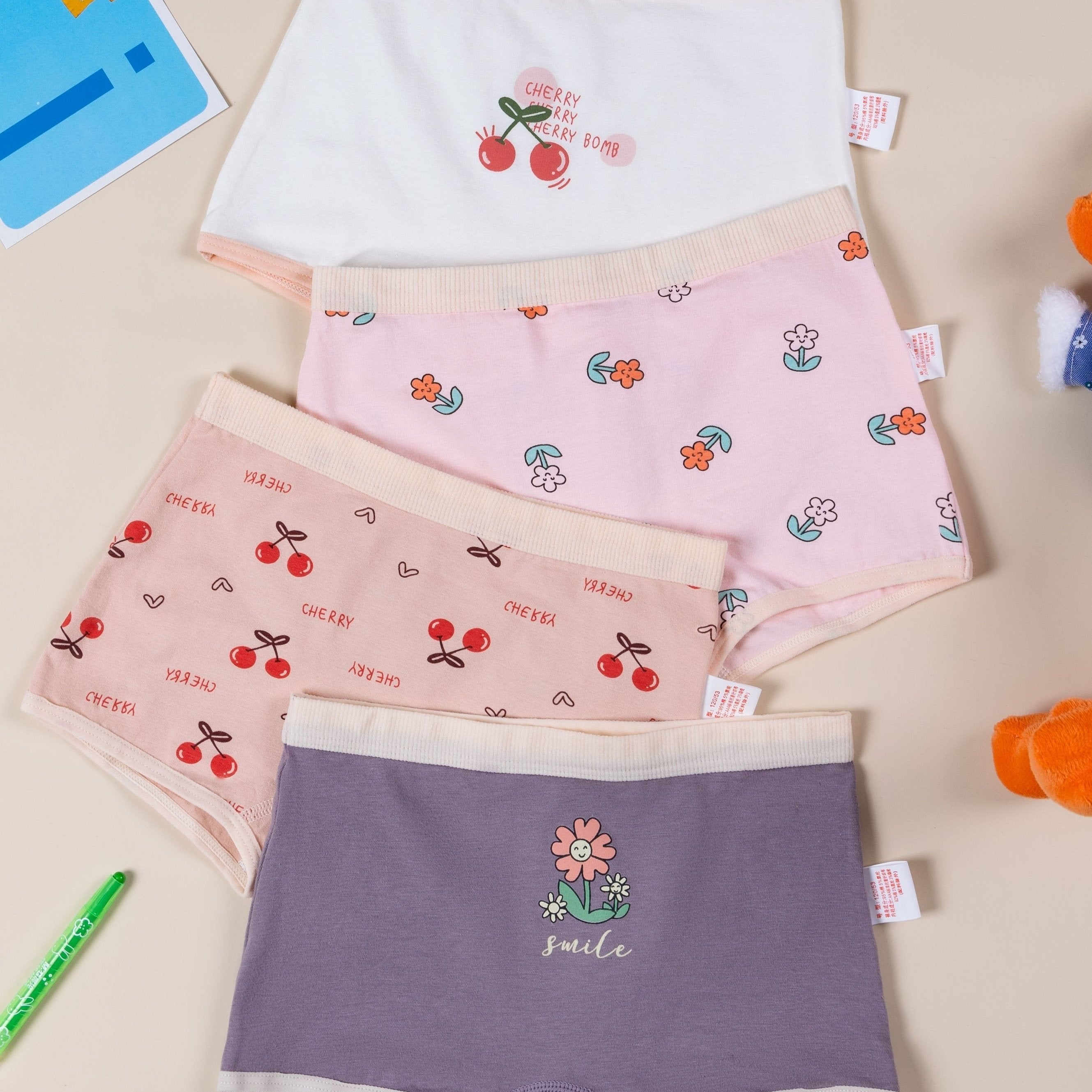 4pcs Girl's Cotton Cartoon Printed Boxer Briefs