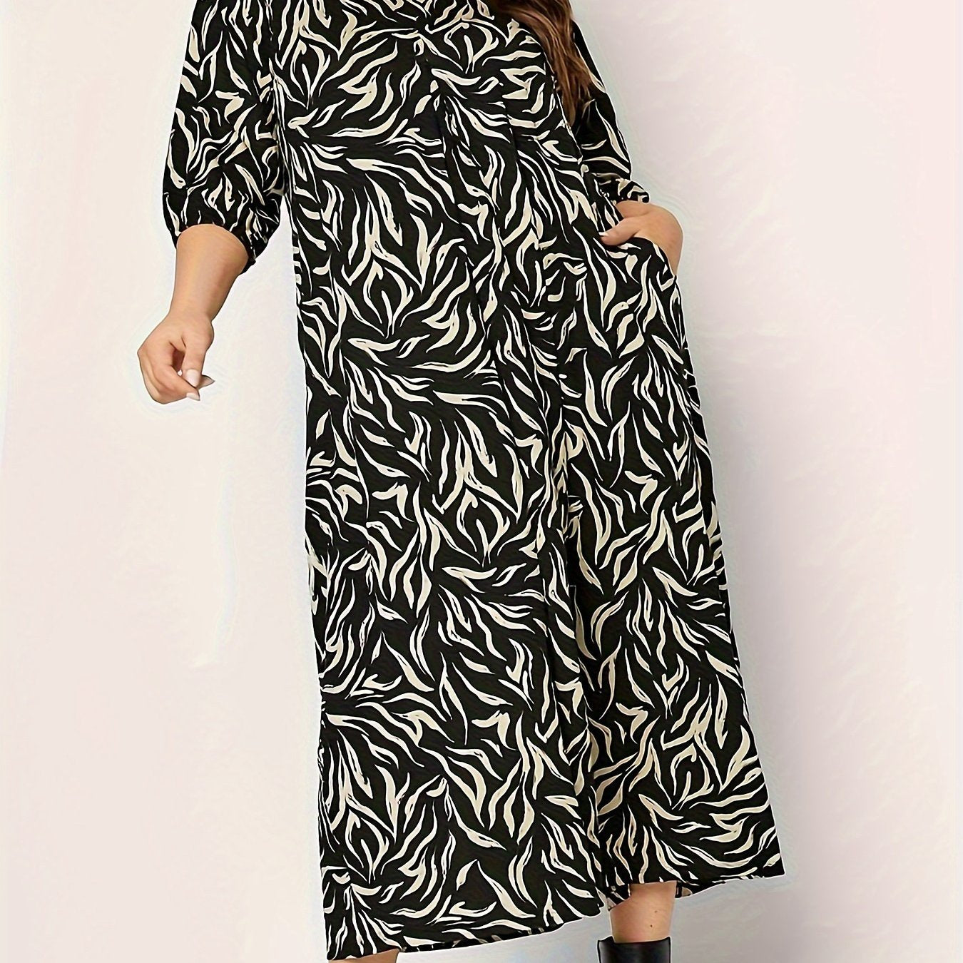 Allover Print Lantern Sleeve V Neck Midi Dress With Pockets