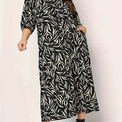 Allover Print Lantern Sleeve V Neck Midi Dress With Pockets