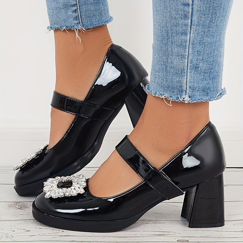 Women's Block Heeled Mary Jane Square Rhinestone Decor Pumps
