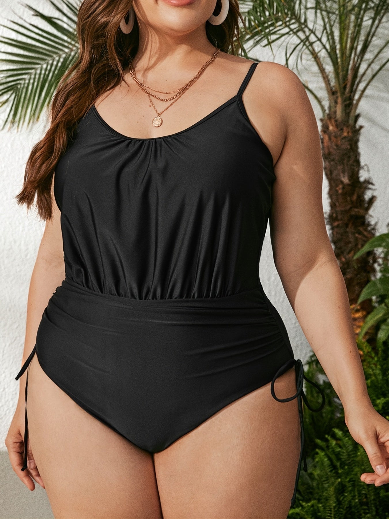 Solid Ruched Drawstring One Piece Swimsuit Plus Size Women's Swimwear