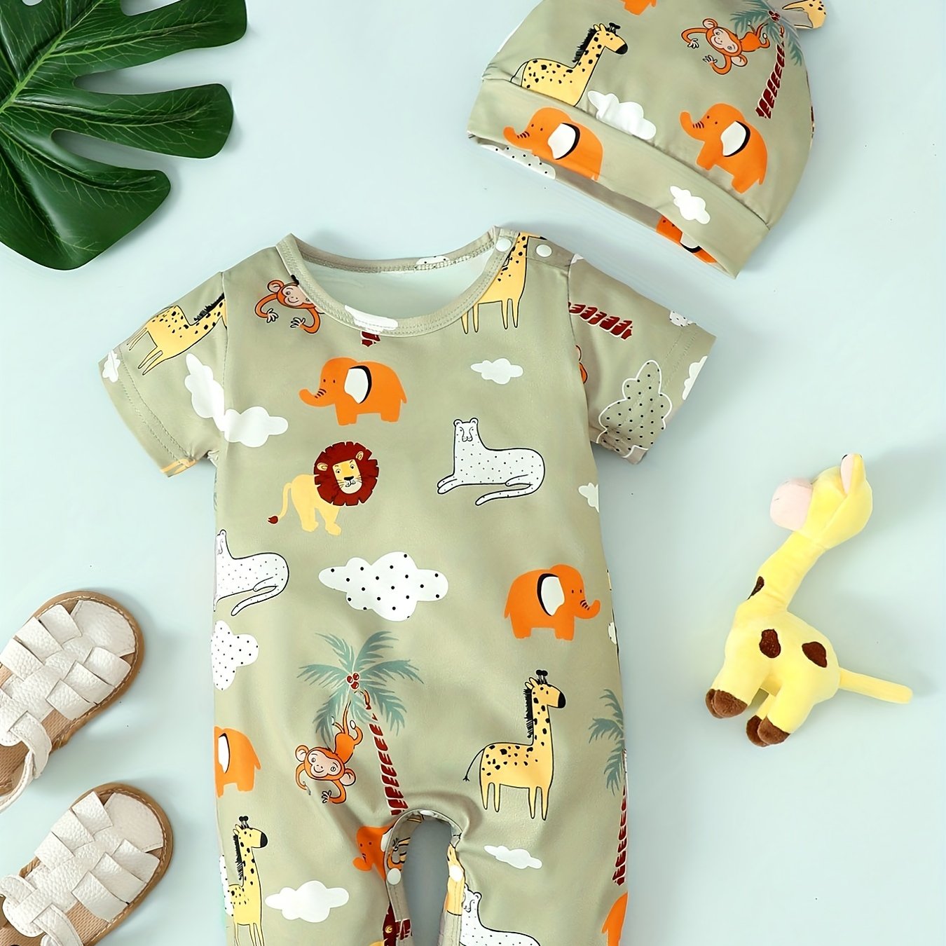 Cute Animal Print Baby Boys 2pc Romper & Hat Set