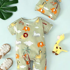 Cute Animal Print Baby Boys 2pc Romper & Hat Set