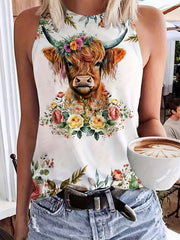 Floral & Cattle Print Tank Top Sleeveless Casual Summer Women's Clothing