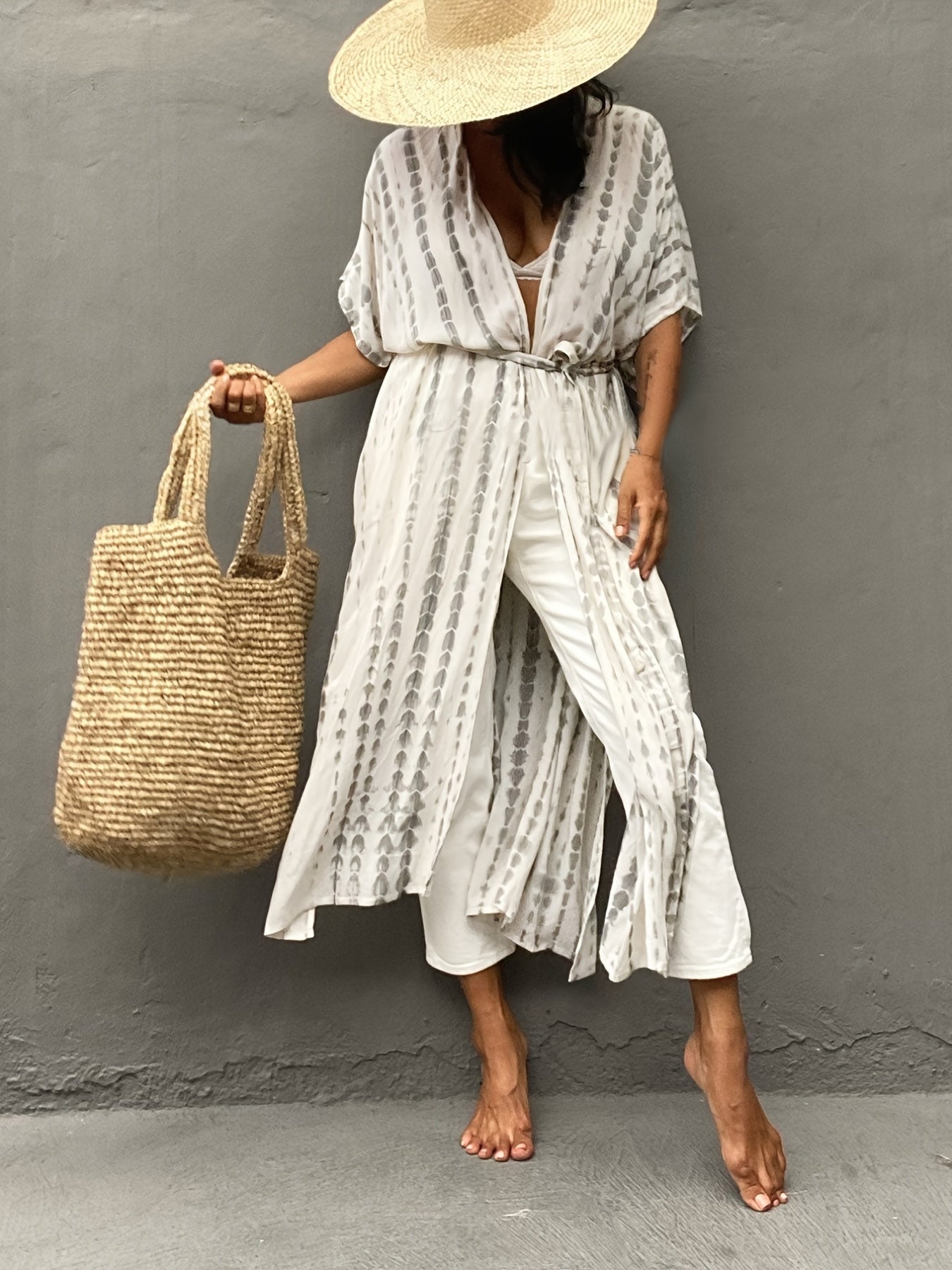 Tie Dye Cover Up Shirt Loose Fit V Neck Split Kimono Women's Swimwear