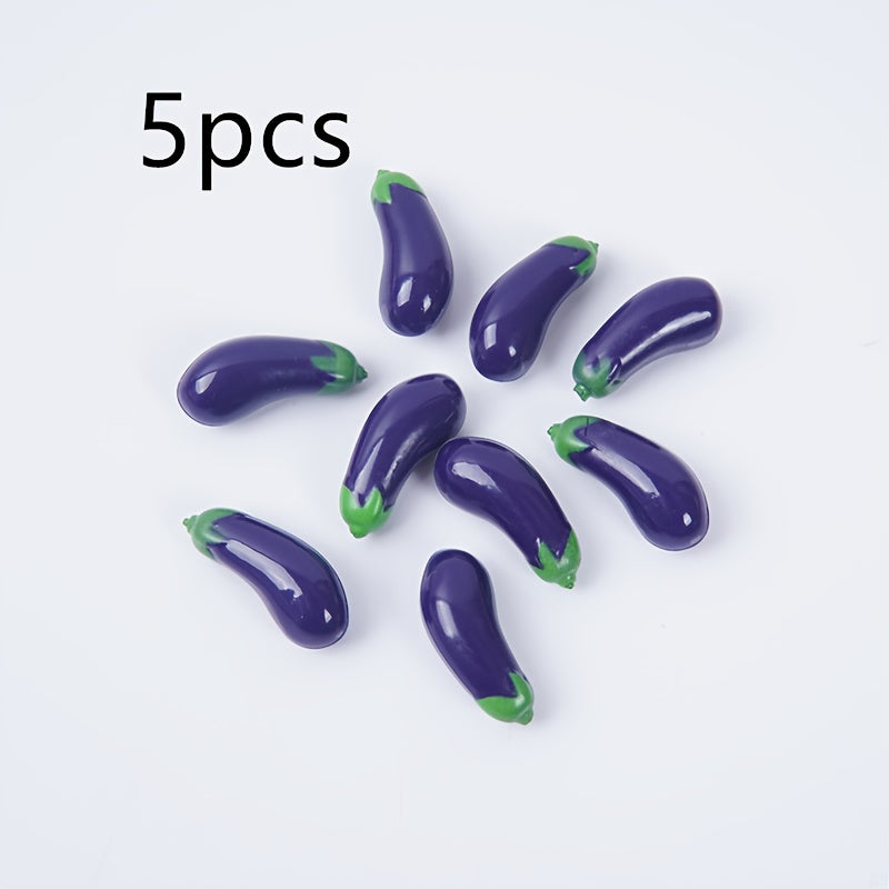 5 Mini Eggplant Models w/Green Stems Realistic Purple & Green Vegetable Accents
