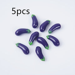 5 Mini Eggplant Models w/Green Stems Realistic Purple & Green Vegetable Accents