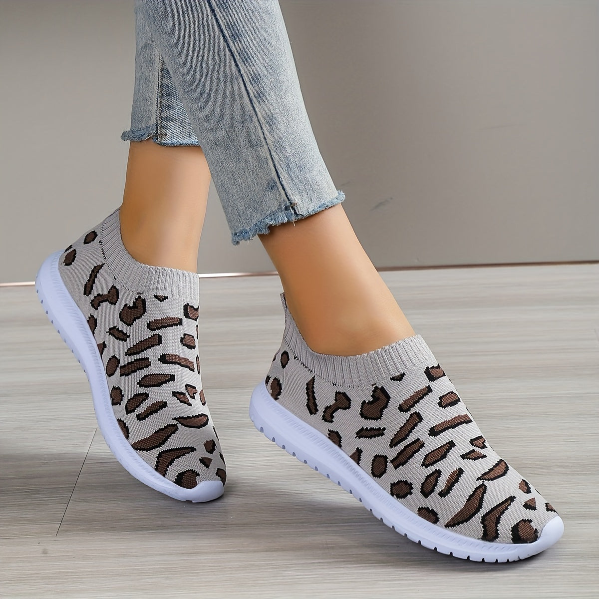 Women's Leopard Printed Sock Sneakers Low Top Slip On Walking Shoes