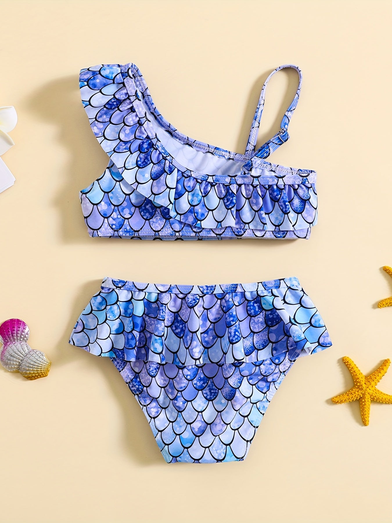 Mermaid One Shoulder Suspenders Split Swimsuit Set