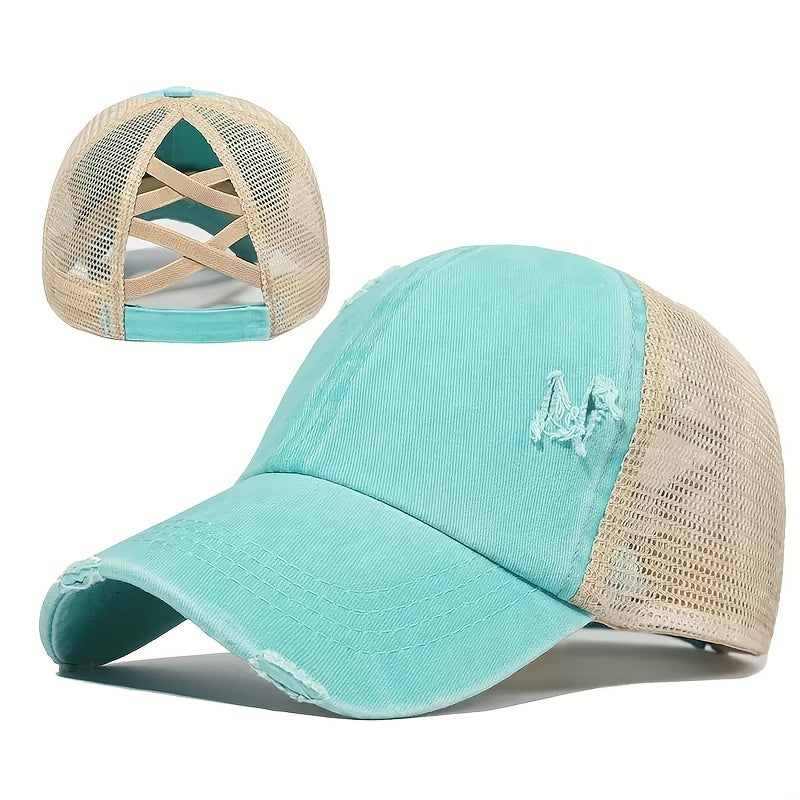 Classic Ponytail Trucker Hat Washed Distressed Mesh Baseball Cap Vintage Ripped