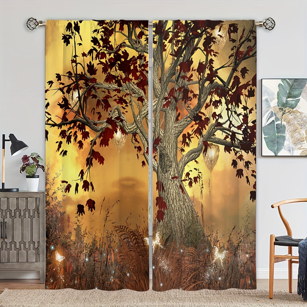 Golden Tree Scenery Rod Pocket Window Curtain for Home Decor
