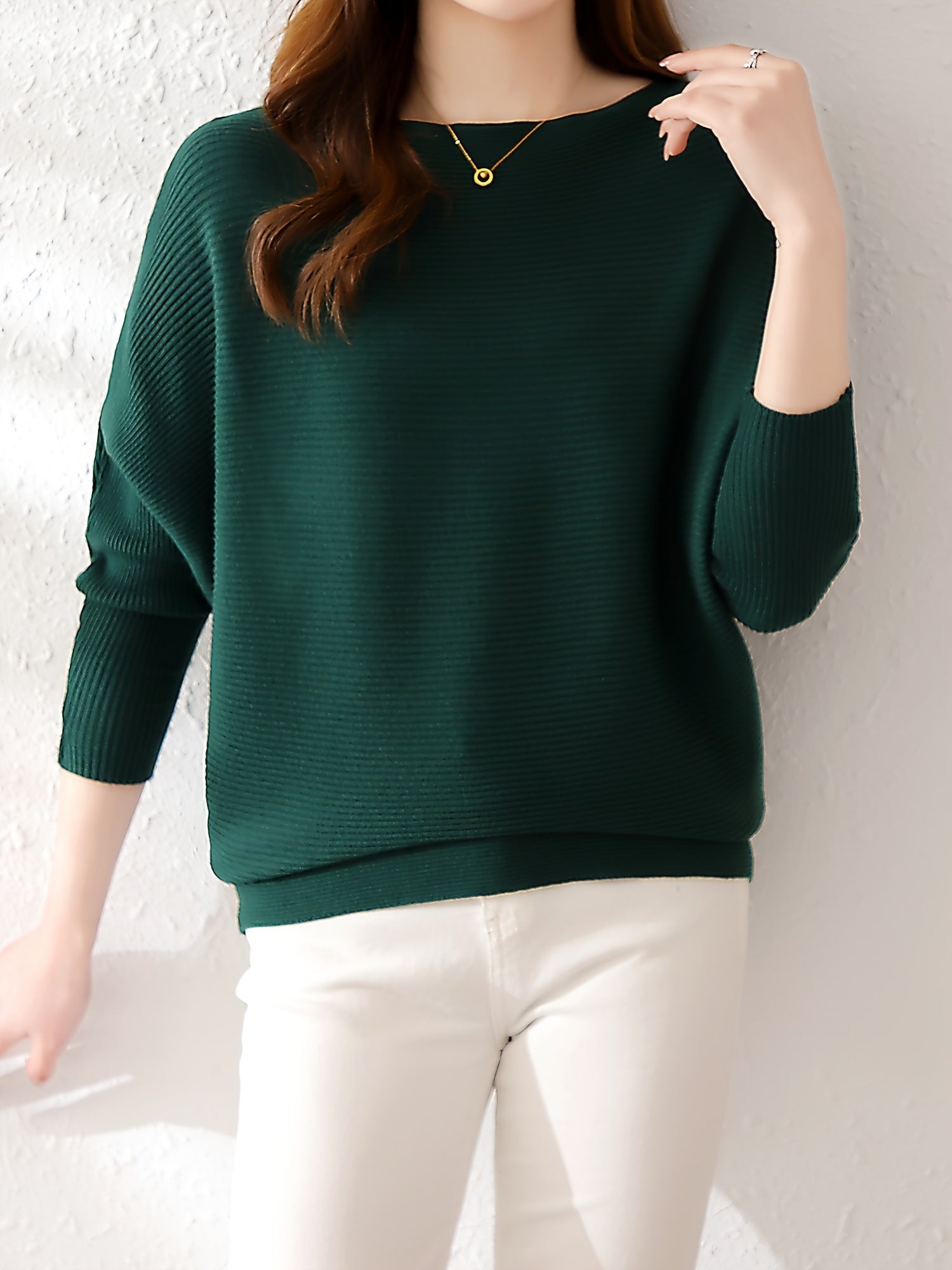 Solid Batwing Sleeve Knit Sweater Boat Neck Casual Sweater