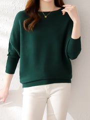 Solid Batwing Sleeve Knit Sweater Boat Neck Casual Sweater